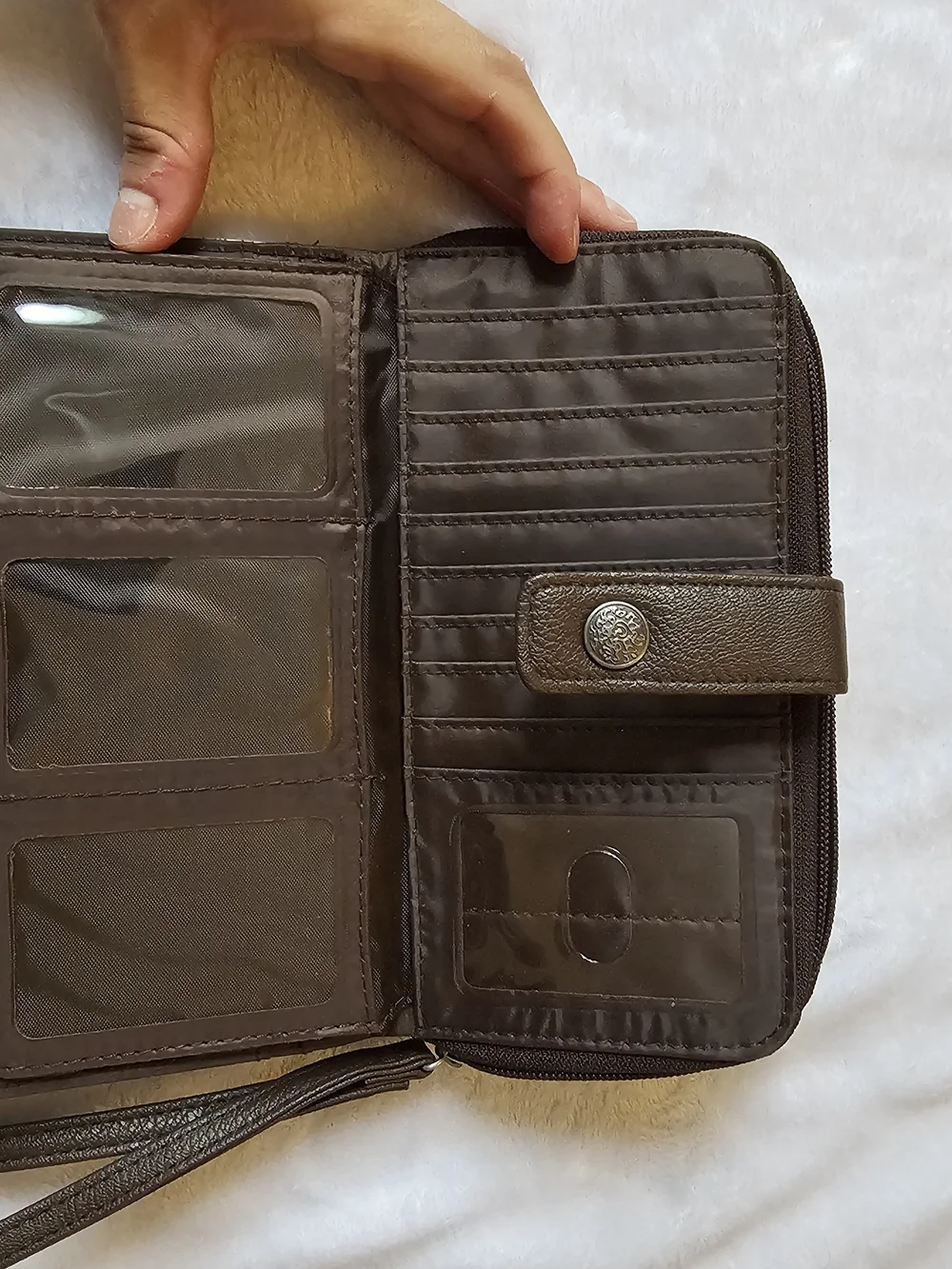 Relic Beige Canvas Wristlet Clutch with Brown Trim and Birdcage Print